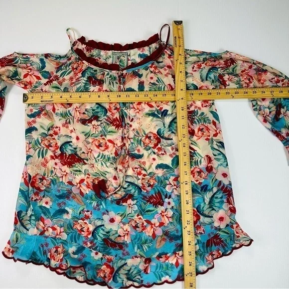JOHNNY WAS Sz S Top Blue Floral Print Cold Shoulder - Picture 12 of 13